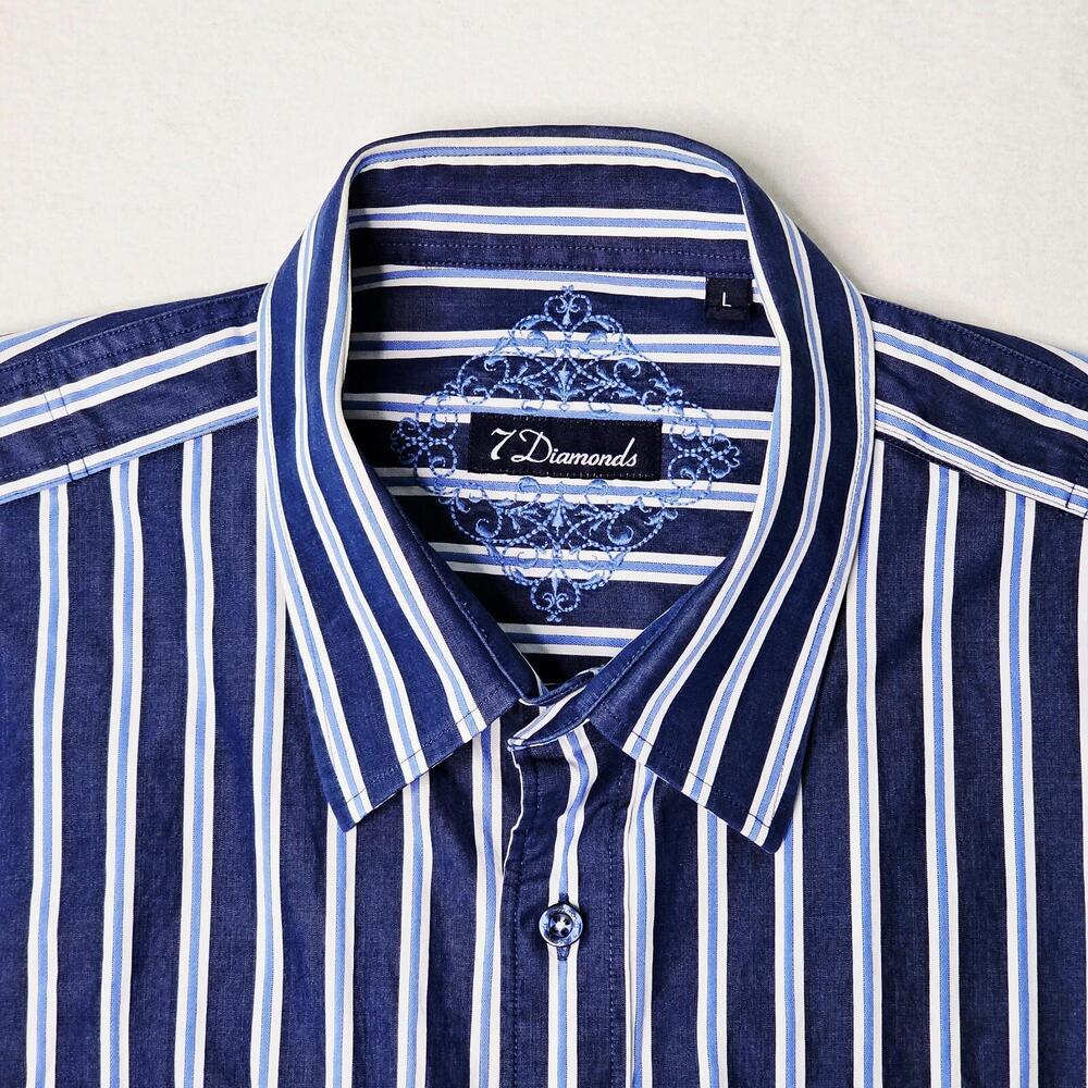 7 Diamonds Blue Striped Embroidered Men's Long Sleeve Button Up Shirt L Western